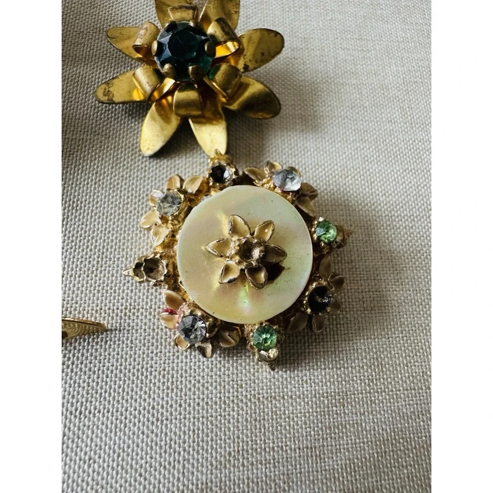 9‎ Vintage Leaf Flower Brooch Gold Silver  Bronze Tone Rhinestones Enameled